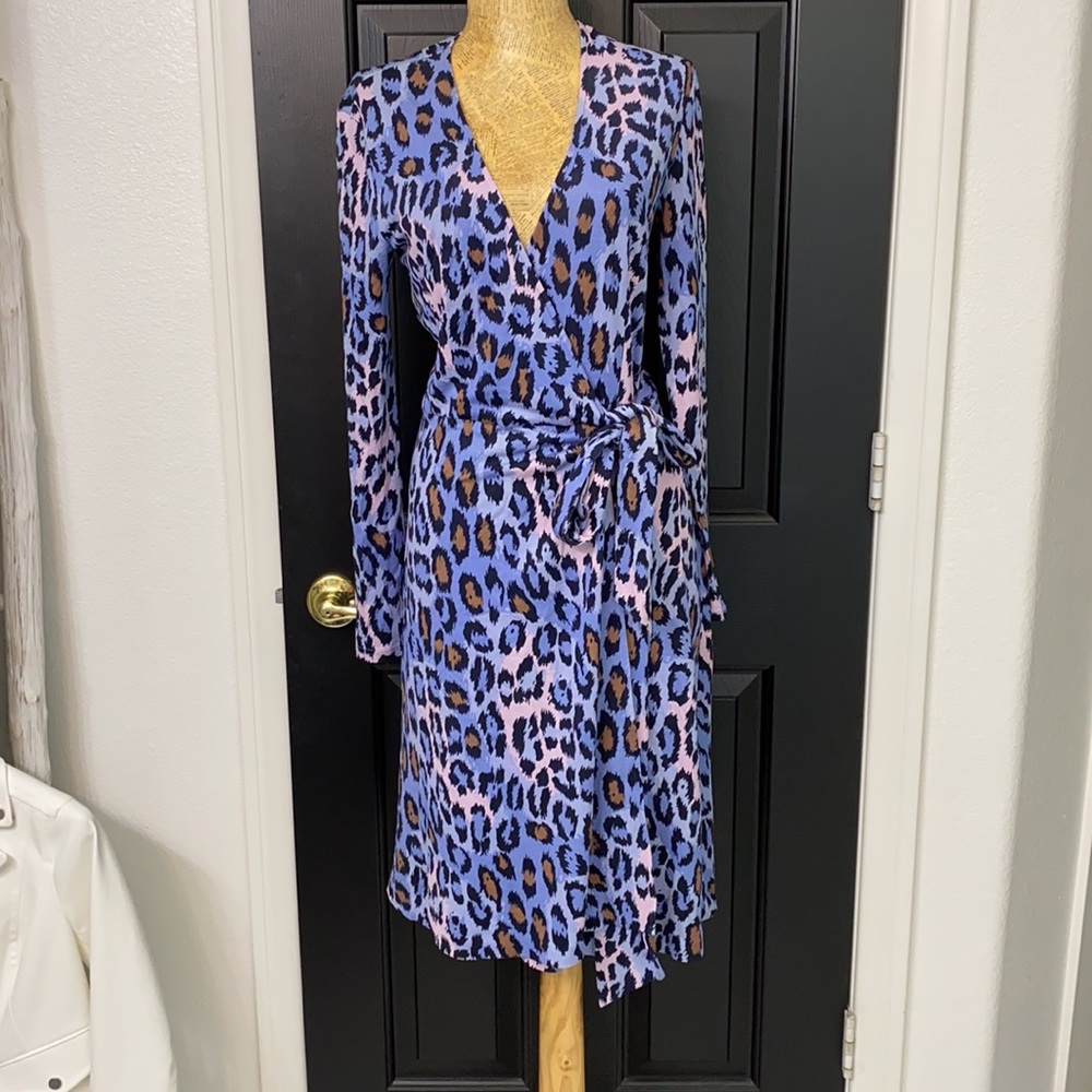 Blue and pink leopard wrap dress